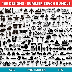 May include: A black and white graphic design set of 166 summer beach themed icons. The icons include a variety of images such as palm trees, sunglasses, flip flops, seashells, pineapples, ice cream cones, and more.