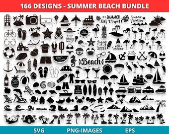 May include: A black and white graphic design set of 166 summer beach themed icons. The icons include a variety of images such as palm trees, sunglasses, flip flops, seashells, pineapples, ice cream cones, and more.