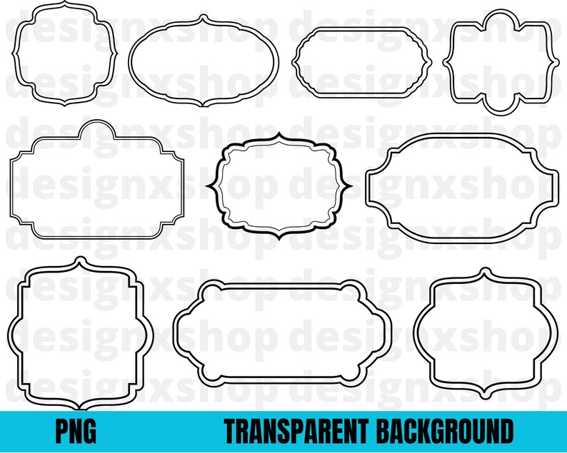 May include: Set of nine black and white decorative frames with ornate borders. The frames are perfect for adding a touch of elegance to any project.