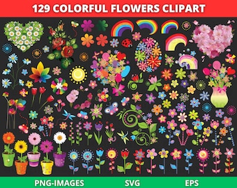 Colorful Flowers Clipart Bundle: 129 SVG & PNG Files (Digital Download)