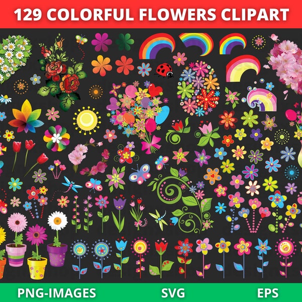 Floral Bundle, Colorful Flower Bundle, Flowers Clipart, Floral Clipart, Sublimation, Party Decorations, Instant Download SVG and PNG File