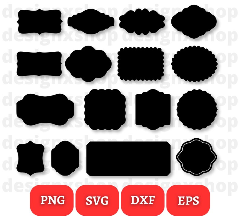 May include: Set of 15 black and white printable SVG, DXF, EPS and PNG digital download files. The files contain various shapes of frames and borders.
