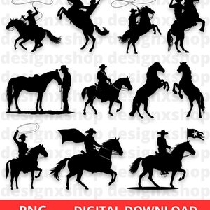 Op de afbeelding: Tien zwart-witte silhouetbeelden van cowboys die op paarden rijden in verschillende poses. De cowboys dragen hoeden en houden teugels vast. De paarden bevinden zich in verschillende posities, waaronder opstaan en rennen. De afbeeldingen zijn perfect voor knutselprojecten, scrapbooking of digitaal ontwerp.