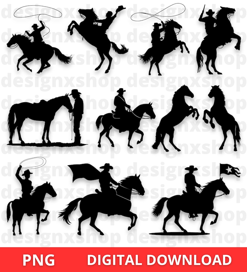 Op de afbeelding: Tien zwart-witte silhouetbeelden van cowboys die op paarden rijden in verschillende poses. De cowboys dragen hoeden en houden teugels vast. De paarden bevinden zich in verschillende posities, waaronder opstaan en rennen. De afbeeldingen zijn perfect voor knutselprojecten, scrapbooking of digitaal ontwerp.