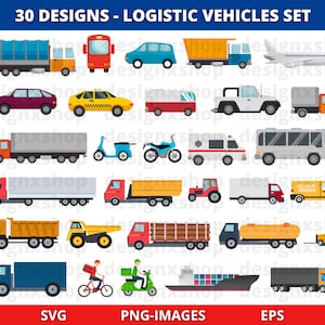 May include: A set of 30 colorful illustrations of different types of logistic vehicles, including trucks, vans, cars, motorcycles, and a ship. The illustrations are in a flat cartoon style and are perfect for use in design projects.