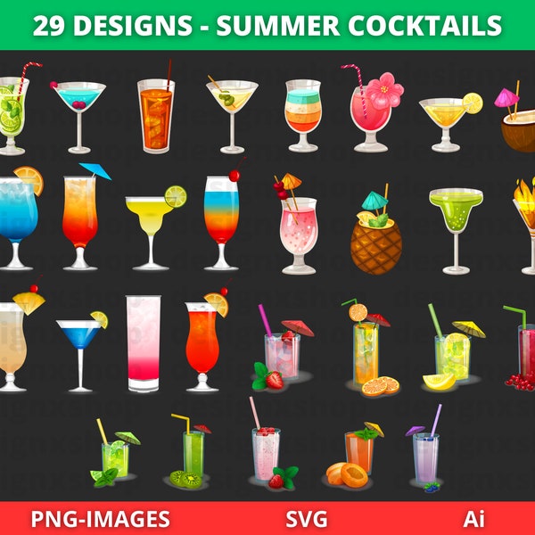 Clipart cocktails, clipart été, clipart cocktail d'été, boissons tropicales, milkshakes, mojito, cocktails club, téléchargement SVG et PNG