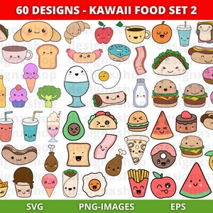 Kawaii Food Clipart, Kawaii SVG Bundle, Food clipart, Cute food clipart, Sweet clipart, Cartoon Food Clipart, Download SVG and PNG