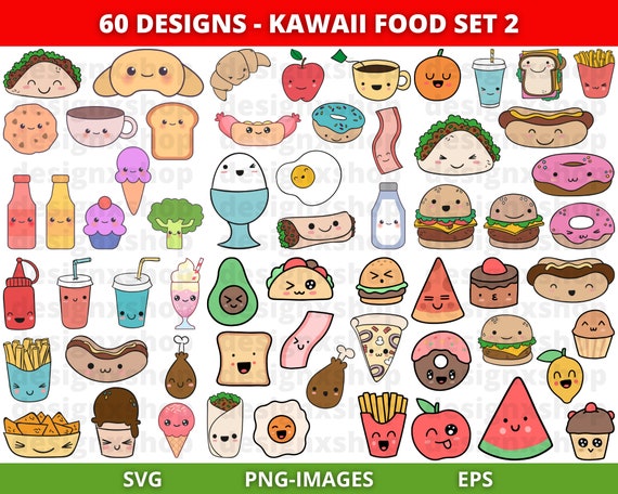 Kawaii Food Clipart, Kawaii SVG Bundle, Food clipart, Cute food clipart, Sweet clipart, Cartoon Food Clipart, Download SVG and PNG