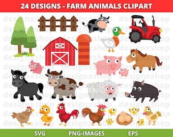 Farm Animals Clipart Set, Farmyard animals clipart, Farm clipart, Animals clipart, chicken clipart, sheep, cow, horse - Download SVG and PNG