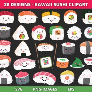 Clipart di sushi kawaii, clipart kawaii, clipart di sushi, clipart di cibo, cibo giapponese, clipart di sushi carino, pacchetto SVG di sushi kawaii, PNG e SVG