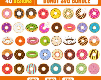 Donut SVG Bundle, 40 Cute Donut Clipart SVG PNG Eps, Colorful Doughnut Designs, Sweet Bakery Cricut Files, Dessert Sublimation Bundle