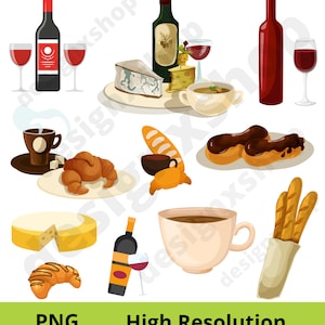 Peut inclure: Une collection d'illustrations de nourriture et de boissons comprenant des bouteilles de vin, des verres de vin rouge, divers fromages, un bol de soupe, des croissants, des &eacute;clairs au chocolat, des baguettes dans un sachet et des tasses de caf&eacute;.