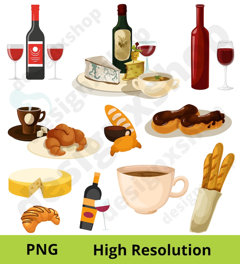 Peut inclure: Une collection d'illustrations de nourriture et de boissons comprenant des bouteilles de vin, des verres de vin rouge, divers fromages, un bol de soupe, des croissants, des &eacute;clairs au chocolat, des baguettes dans un sachet et des tasses de caf&eacute;.