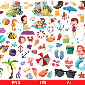 Clipart z letnią plażą, Pakiet clipartów letnich, Clipart z wakacji, Clipart z podróży, Pakiet clipartów plażowych, Lody, Natychmiastowe pobieranie plików EPS i PNG