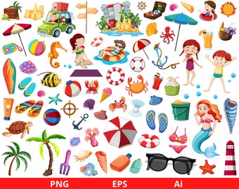 Beach Clipart, Summer Bundle, Vacation PNG Graphics Digital Download