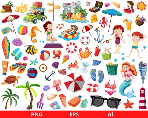 Summer Beach Clipart, Summer clipart bundle, Vacation clipart, Travel clipart, Beach clipart bundle, Popsicles, Instant Download EPS and PNG