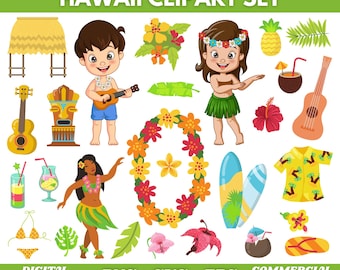 Hawaii clipart, zomer clipart, tropische clipart, strand clipart, Hawaiiaanse clipart, aloha clipart, surf clipart, instant digitale download