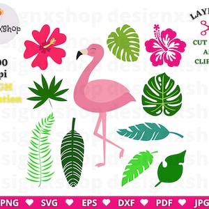 Tropical Clipart, Flamingo svg, Tropical flowers and leaves svg cut file and clip art, summer clipart, Hawaiian flowers, Tropical svg