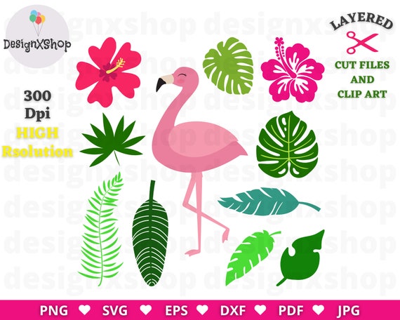 Tropical Clipart, Flamingo svg, Tropical flowers and leaves svg cut file and clip art, summer clipart, Hawaiian flowers, Tropical svg