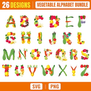 May include: A digital graphic set titled 26 DESIGNS VEGETABLE ALPHABET BUNDLE, featuring letters A through Z constructed from colorful illustrations of various fruits and vegetables. The file formats SVG and PNG are listed at the bottom.