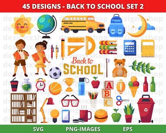 Back To School Clipart, School clipart, School Supplies Clipart Set, Stationery, Education, School Kids, Instant Download SVG and PNG