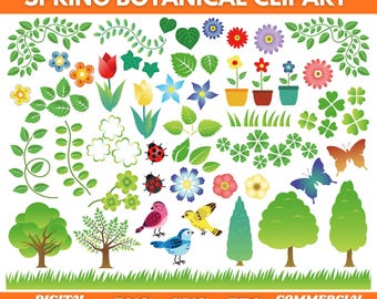 May include: A colorful spring botanical clipart collection featuring various flowers, leaves, trees, butterflies, birds, and ladybugs. The image includes the text "SPRING BOTANICAL CLIPART", "DIGITAL DOWNLOAD", "PNG - SVG - EPS", and "COMMERCIAL USE".