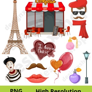 Peut inclure: Une collection d'illustrations sur le th&egrave;me de Paris comprenant la tour Eiffel, un caf&eacute; avec des auvents rouges et blancs, une personne avec un b&eacute;ret, des lunettes et une &eacute;charpe, un c&oelig;ur avec I love Paris, des parfums, un mime, une moustache, des l&egrave;vres et des ballons.