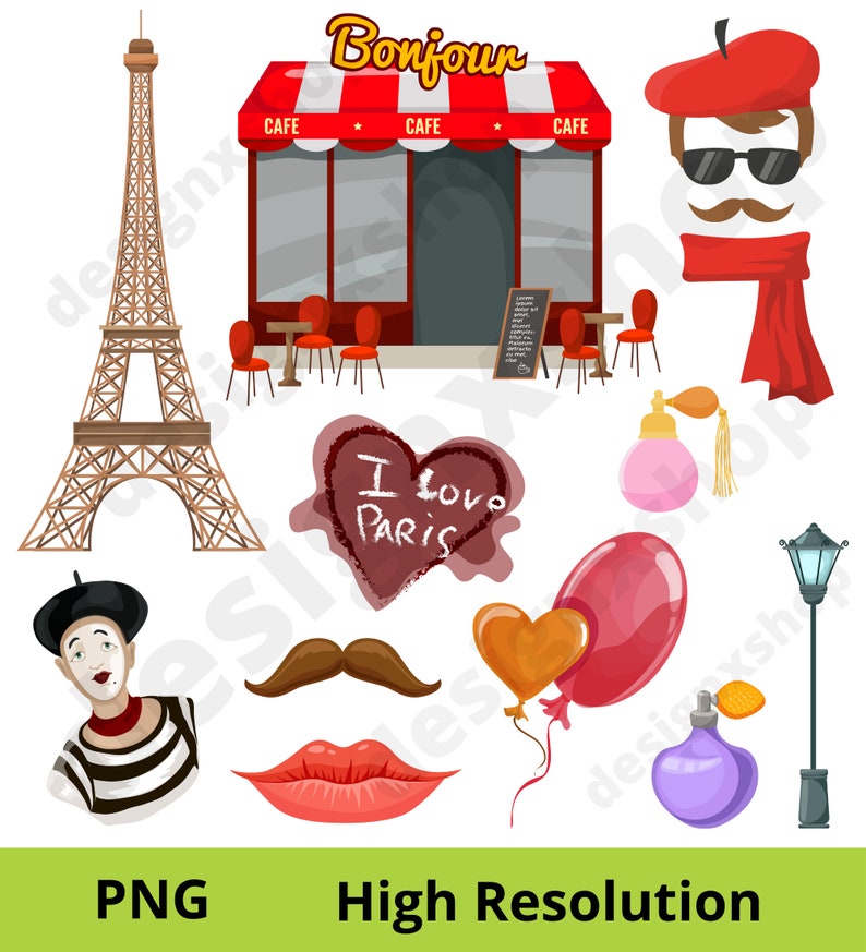Peut inclure: Une collection d'illustrations sur le th&egrave;me de Paris comprenant la tour Eiffel, un caf&eacute; avec des auvents rouges et blancs, une personne avec un b&eacute;ret, des lunettes et une &eacute;charpe, un c&oelig;ur avec I love Paris, des parfums, un mime, une moustache, des l&egrave;vres et des ballons.