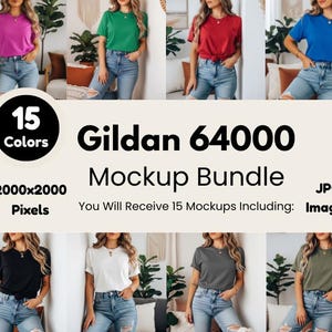 Könnte beinhalten: Ein Mockup-Bundle mit 15 Farben von Gildan 64000 T-Shirts. Das Bild zeigt verschiedene farbige T-Shirts, darunter Pink, Grün, Rot und Blau, getragen mit blauen Jeans. Der Text auf dem Bild lautet "15 Colors", "Gildan 64000 Mockup Bundle" und "2000x2000 Pixels".