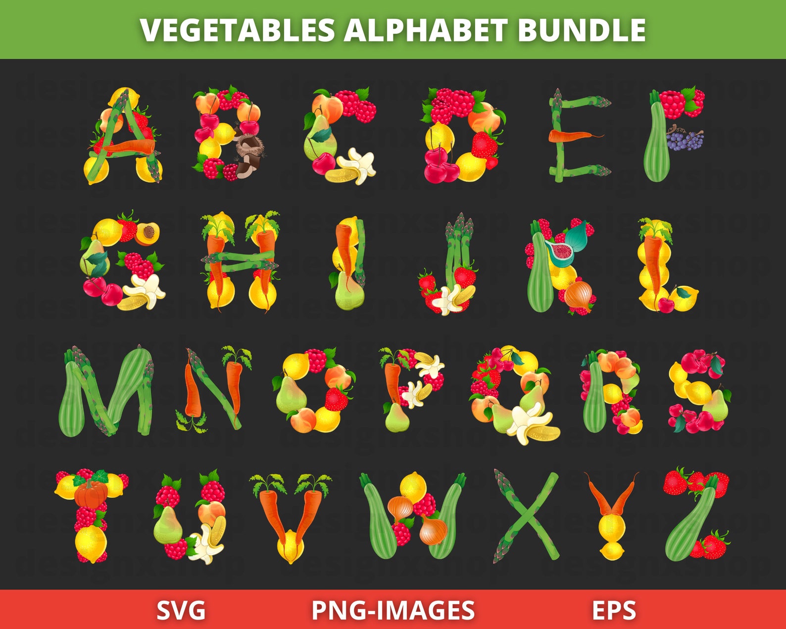 Friuts Lettering Vegetables Alphabet Clipart: Fruits Letters SVG & PNG (digital Download ...