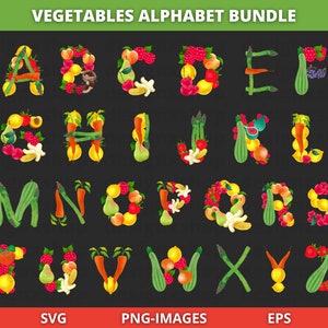 Légumes Alphabet clipart, clipart légumes, légumes lettres clipart, clipart fruits, fruits lettres SVG, téléchargement SVG et PNG