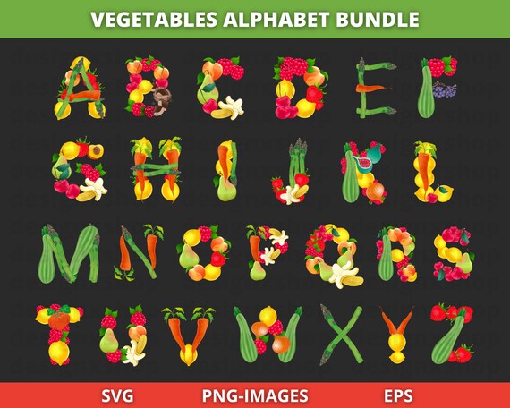 Vegetables Alphabet clipart, Vegetables clipart, Vegetables Letters clipart, Fruits clipart, Fruits Letters SVG, Download SVG and PNG