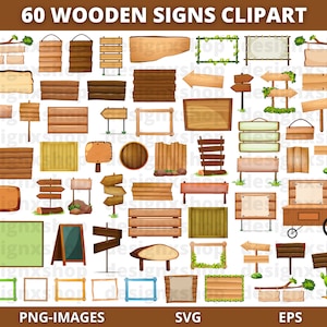May include: A set of 60 wooden sign clipart images in various shapes and sizes. The signs are in different styles, including rectangular, square, round, and arrow shapes. Some signs have a rustic look, while others are more polished. The signs are perfect for adding a touch of rustic charm to your designs.