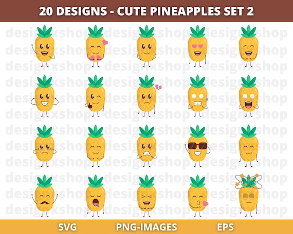 Pineapple Clipart, Cute Pineapples Characters, Kawaii Clipart, Summer Clipart, Feelings, Emoji, Pineapple SVG Bundle, Download SVG and PNG