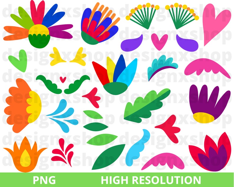 May include: A set of 18 colorful digital clipart images featuring various floral and leaf designs in a Mexican folk art style. The designs include flowers, leaves, hearts, and swirls in bright colors like red, yellow, blue, green, and purple.