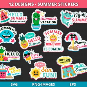 Paquete de pegatinas de verano / Clipart de verano / Verano svg / Pegatinas digitales de verano / Pegatinas de playa / Pegatinas de verano tropical / PNG y SVG