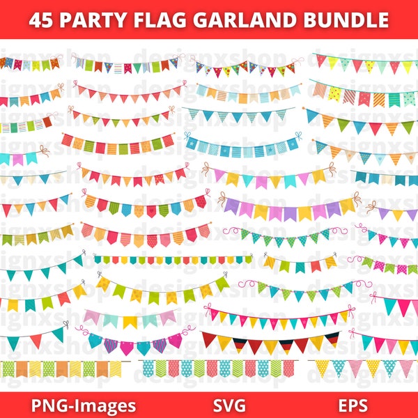 Bunting Banner Clipart, Garland Clipart, Party Flag Clipart, Bunting Banner Svg Bundle, Banner Bunting Birthday Party, Party Bunting Vector