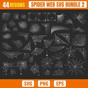 May include: A digital collection of 44 white spider web designs on a dark grey background, labelled as Spider Web SVG Bundle 2. The set includes various web shapes, corner patterns, and hanging webs, some featuring small spider illustrations.
