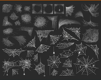 Op de afbeelding: Een digitale collectie van 44 witte spinnenwebontwerpen op een donkergrijze achtergrond, gelabeld als Spider Web SVG Bundle 2. De set bevat diverse webvormen, hoekpatronen en hangende webben, sommige met kleine spinnenillustraties.