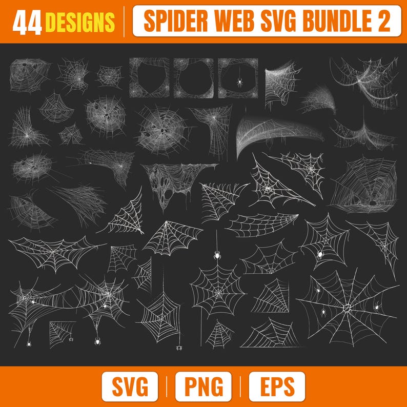Spider Web SVG Bundle 2 featuring 44 detailed spider web, cobweb, hanging spider web and corner web designs in SVG, PNG and EPS formats for Cricut, Silhouette, Glowforge and Halloween craft projects.