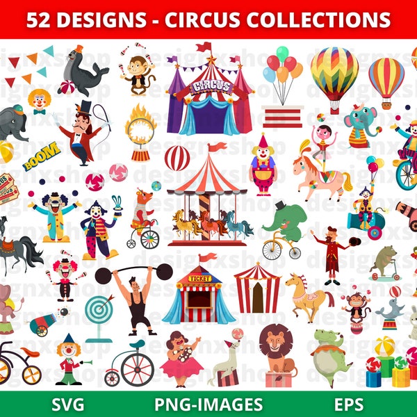 Circus clipart, circus printable , circus PNG and SVG, Carnival Clip Art, Animals, Jokers, Circus Tent Clipart, Circus set, Instant Download