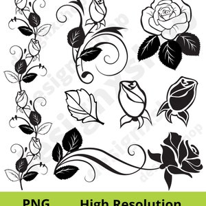 May include: A set of black and white rose clip art images. The images include roses in various stages of bloom, leaves, and decorative swirls.