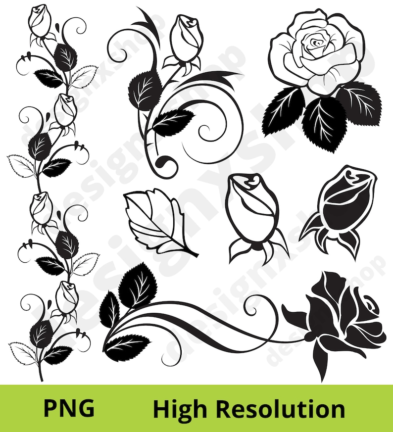 May include: A set of black and white rose clip art images. The images include roses in various stages of bloom, leaves, and decorative swirls.
