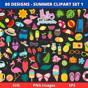conjunto de imágenes prediseñadas de verano, imágenes prediseñadas de verano, imágenes prediseñadas de paletas, imágenes prediseñadas de playa, imágenes prediseñadas de diversión tropical, descarga instantánea de SVG y PNG