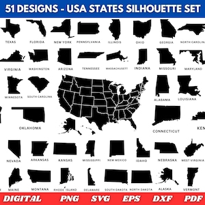 May include: A collection of 51 black silhouette designs of U.S. states, including California, Texas, and Florida. The set includes a map of the United States and individual state outlines. Text at the top reads "51 DESIGNS - USA STATES SILHOUETTE SET".