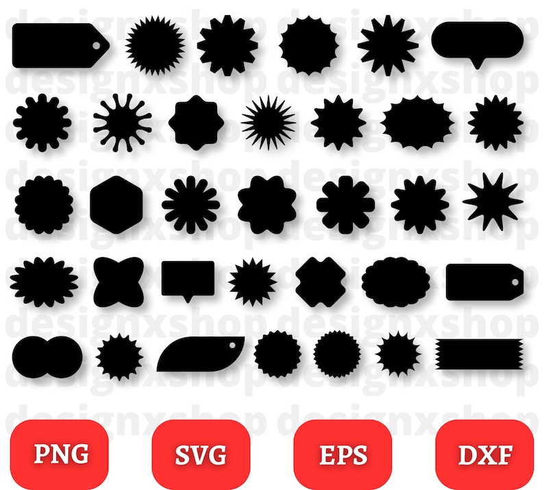 May include: A set of 30 black and white SVG cut files for crafting. The files include various shapes, such as stars, circles, and tags. The files are labeled with the text "PNG", "SVG", "EPS", and "DXF".
