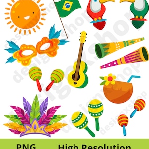 May include: A set of colorful Brazilian carnival themed clipart images. The set includes a sun, a flag, a mask, maracas, a guitar, a coconut with a straw, a pair of toucans, and a headdress.