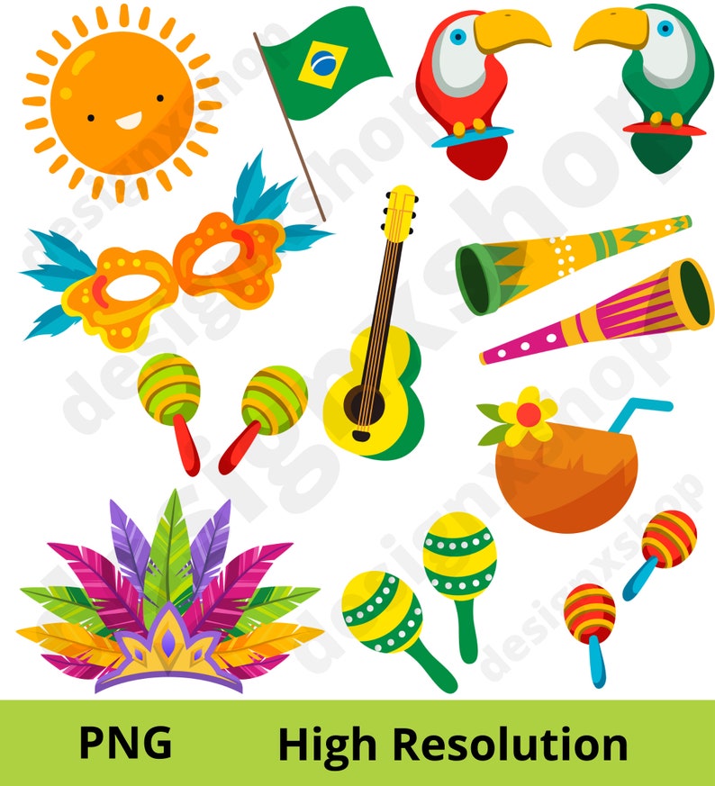 May include: A set of colorful Brazilian carnival themed clipart images. The set includes a sun, a flag, a mask, maracas, a guitar, a coconut with a straw, a pair of toucans, and a headdress.