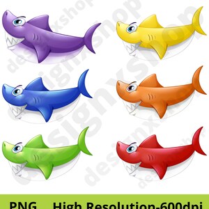 May include: Six cartoon sharks in different colors: purple, yellow, blue, orange, green, and red. Each shark has a white, toothy grin and is facing the right side of the image.