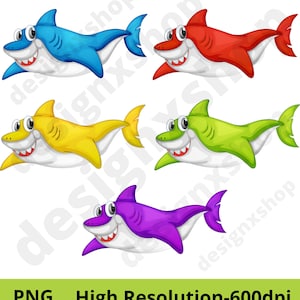 May include: Five cartoon sharks in different colors: blue, red, yellow, green, and purple. Each shark has a toothy grin and is swimming towards the right side of the image.